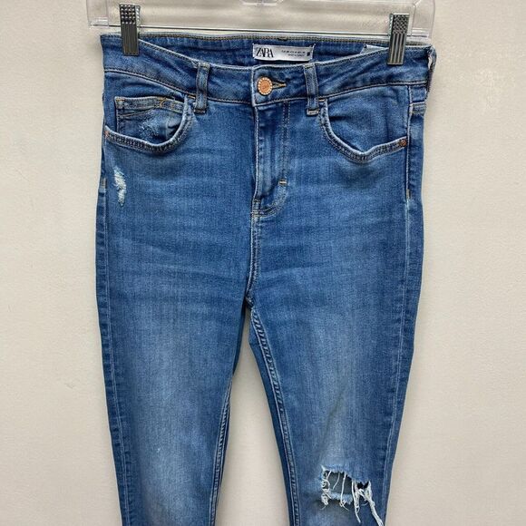 Zara Womens Blue High Rise Ripped Cuff Cut Off Skinny Medium Wash Denim Jeans 4 - Picture 2 of 10